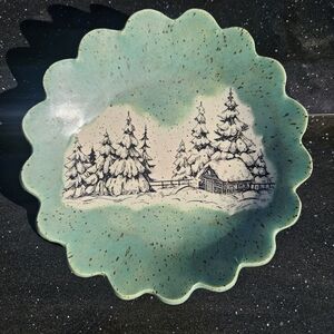 Scalloped Edge Ceramic Bowl with Winter Scene